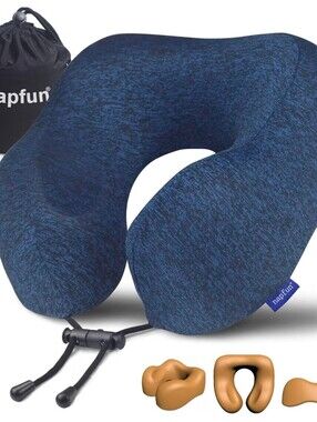 Napfun Neck Pillow for Travel, Memory Foam Airplane Pillow, Full Dark Blue